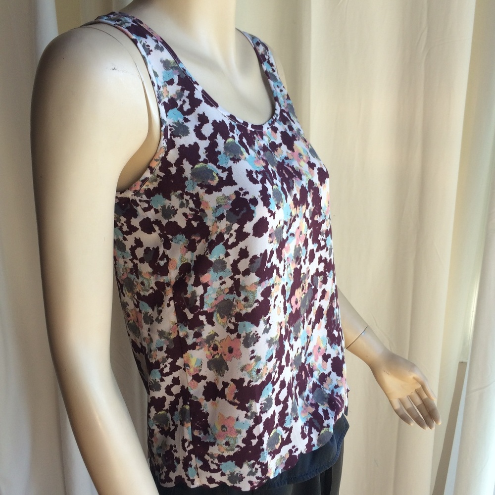 Brown-White-Blue-Pink Print Sleeveless Blouse